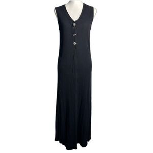 Vintage 90s Barbara Lesser Black Gauzy Crinkle Maxi Dress M Whimsygoth Buttons